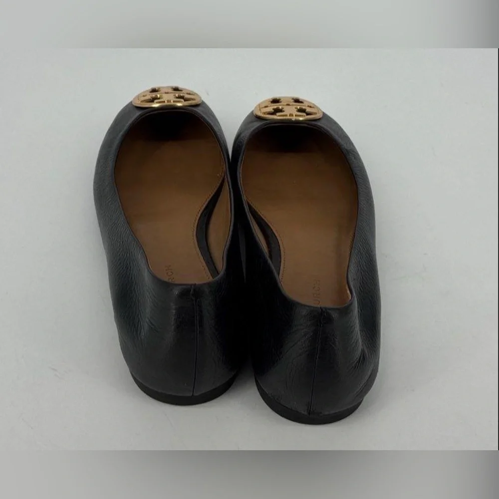 Tory Burch Benton Ballet Flats Shoes Black Nappa Leather Gold Tone Logo Size 6